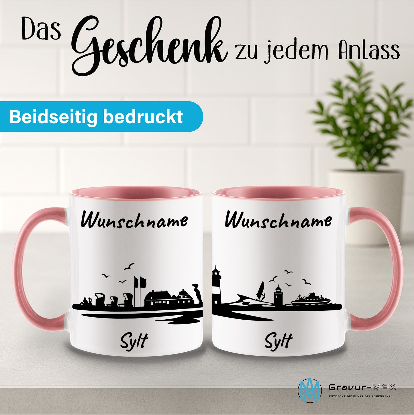 Tasse in Rosa 330ml bedruckt mit der Skyline von Sylt personalisierbar mit Wunschname