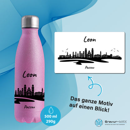 Glitzer Trinkflasche in Rosa 500ml aus Edelstahl bedruckt mit der Skyline von Passau personalisierbar mit Wunschname