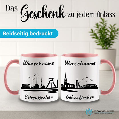 Tasse in Rosa 330ml bedruckt mit der Skyline von Gelsenkirchen personalisierbar mit Wunschname
