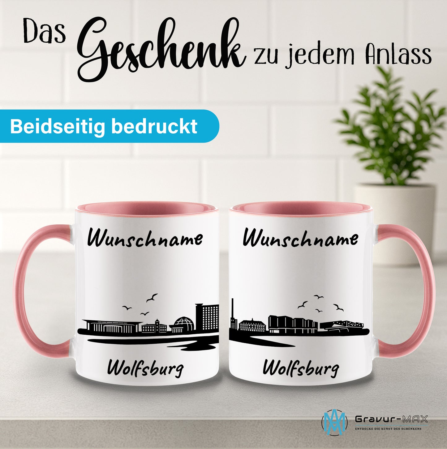 Tasse in Rosa 330ml bedruckt mit der Skyline von Wolfsburg personalisierbar mit Wunschname