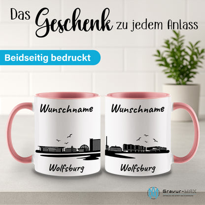 Tasse in Rosa 330ml bedruckt mit der Skyline von Wolfsburg personalisierbar mit Wunschname