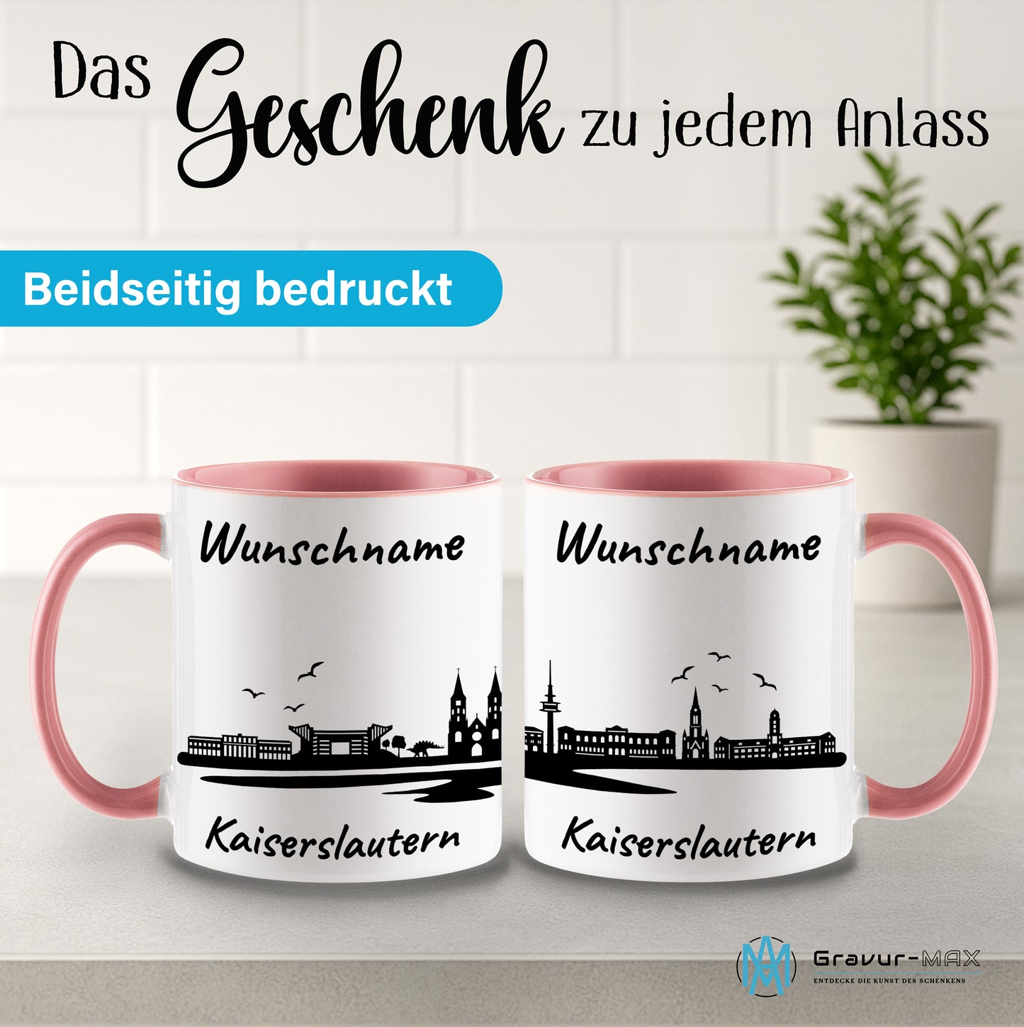 Tasse in Rosa 330ml bedruckt mit der Skyline von Kaiserslautern personalisierbar mit Wunschname