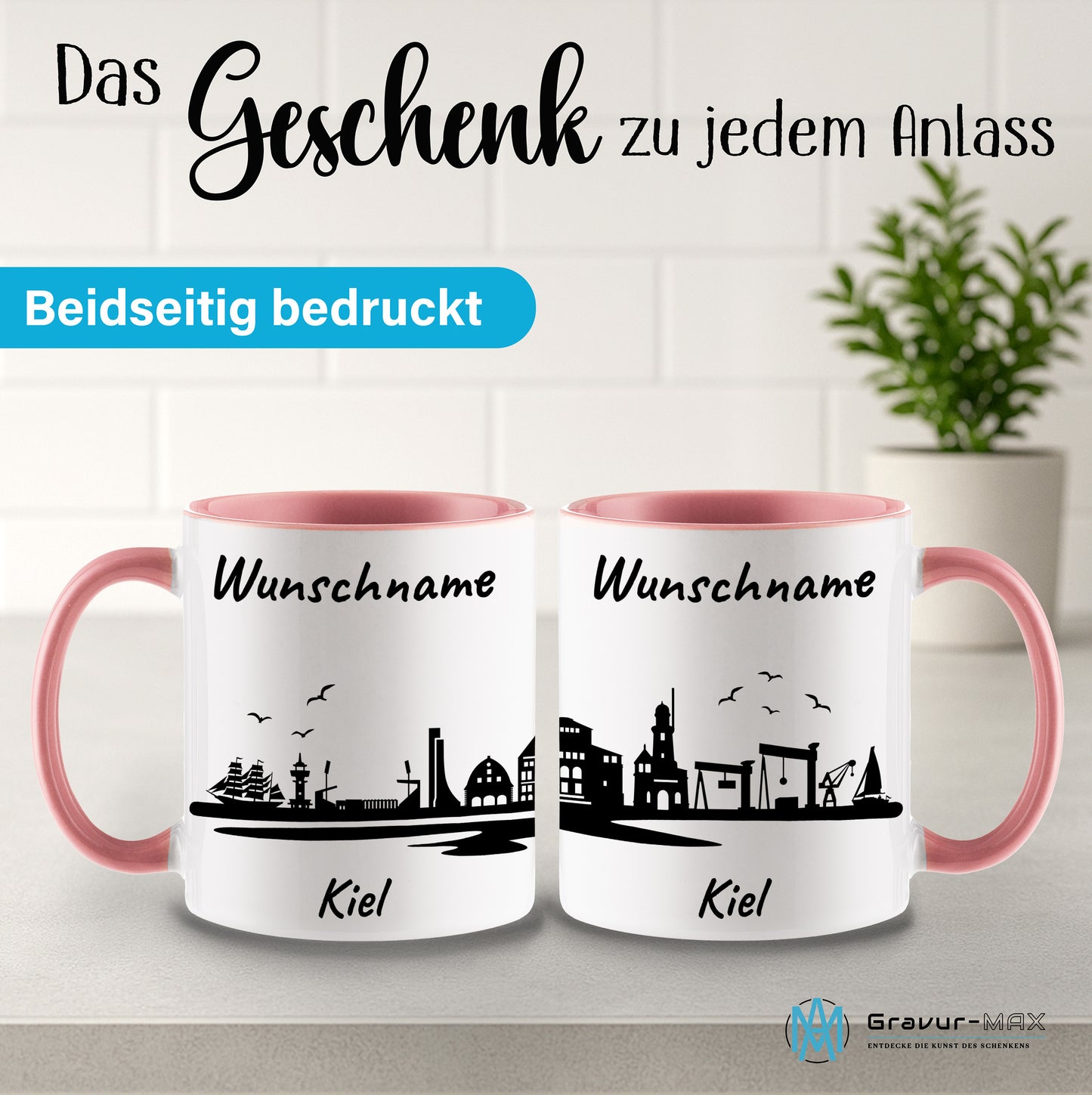 Tasse in Rosa 330ml bedruckt mit der Skyline von Kiel personalisierbar mit Wunschname