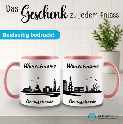 Tasse in Rosa 330ml bedruckt mit der Skyline von Bremerhaven personalisierbar mit Wunschname