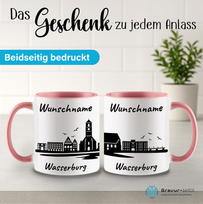 Tasse in Rosa 330ml bedruckt mit der Skyline von Wasserburg personalisierbar mit Wunschname