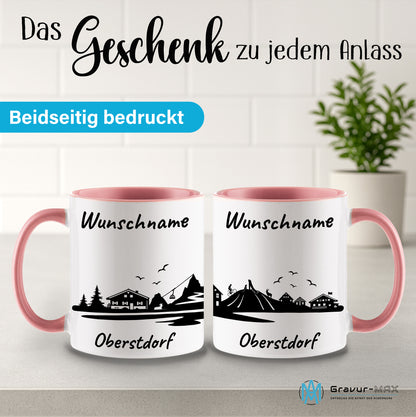 Tasse in Rosa 330ml bedruckt mit der Skyline von Oberstdorf personalisierbar mit Wunschname