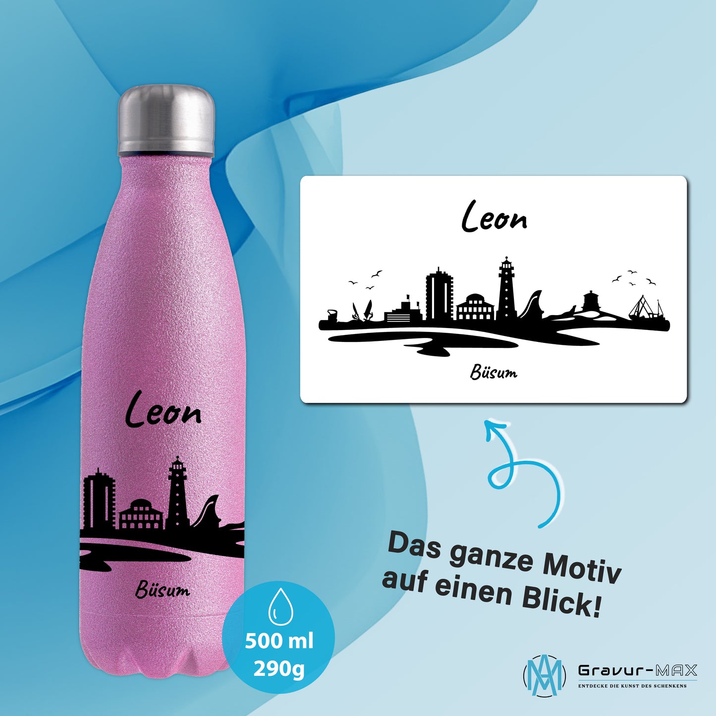 Glitzer Trinkflasche in Rosa 500ml aus Edelstahl bedruckt mit der Skyline von Büsum personalisierbar mit Wunschname