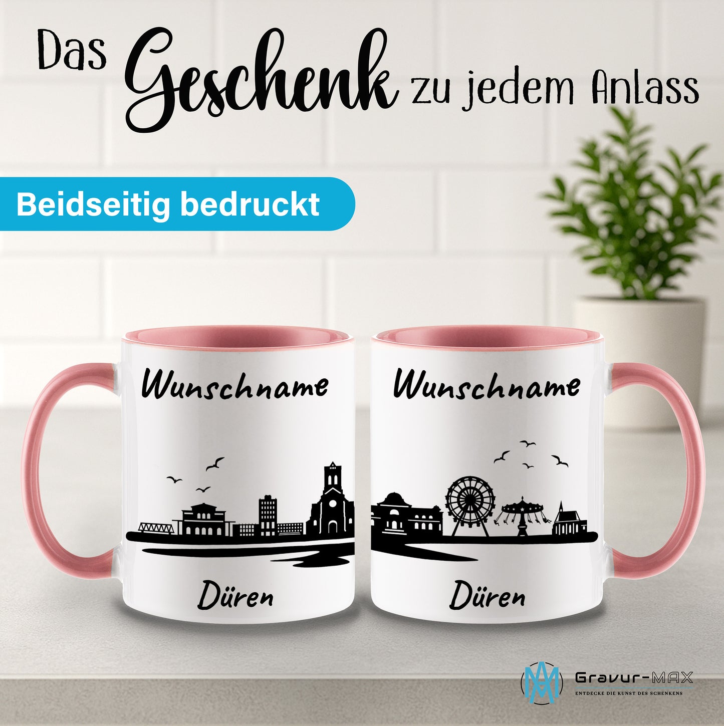 Tasse in Rosa 330ml bedruckt mit der Skyline von Düren personalisierbar mit Wunschname