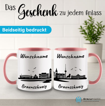Tasse in Rosa 330ml bedruckt mit der Skyline von Braunschweig personalisierbar mit Wunschname