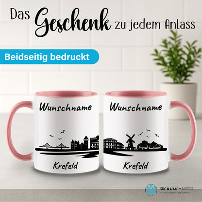 Tasse in Rosa 330ml bedruckt mit der Skyline von Krefeld personalisierbar mit Wunschname