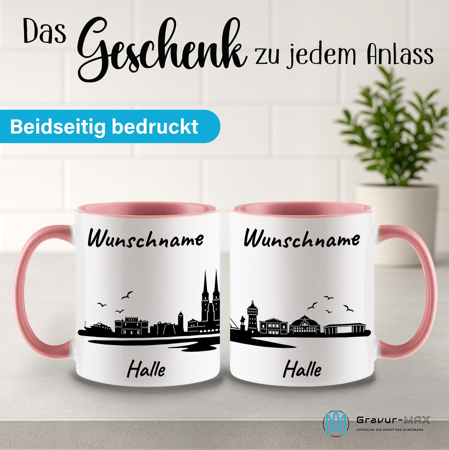 Tasse in Rosa 330ml bedruckt mit der Skyline von Halle personalisierbar mit Wunschname