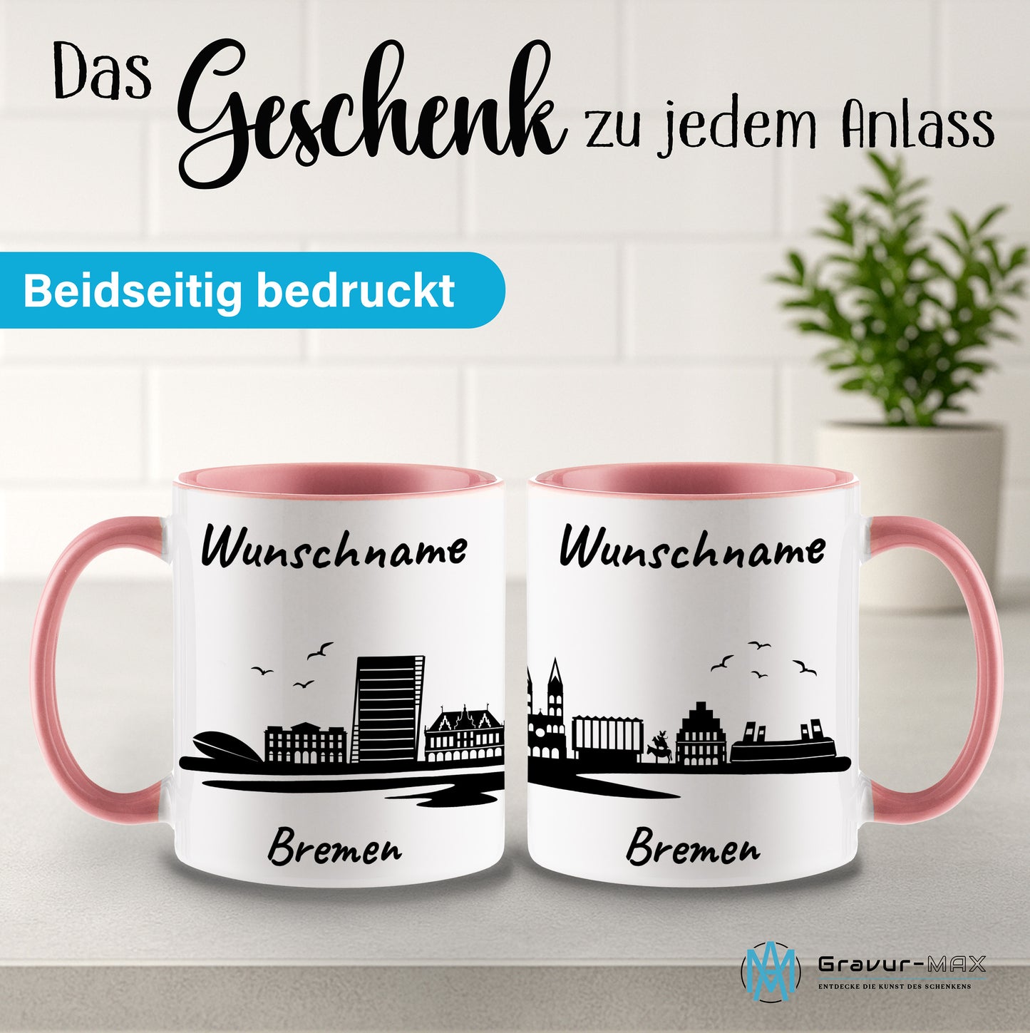 Tasse in Rosa 330ml bedruckt mit der Skyline von Bremen personalisierbar mit Wunschname