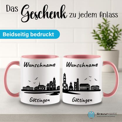 Tasse in Rosa 330ml bedruckt mit der Skyline von Göttingen personalisierbar mit Wunschname