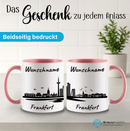Tasse in Rosa 330ml bedruckt mit der Skyline von Frankfurt personalisierbar mit Wunschname
