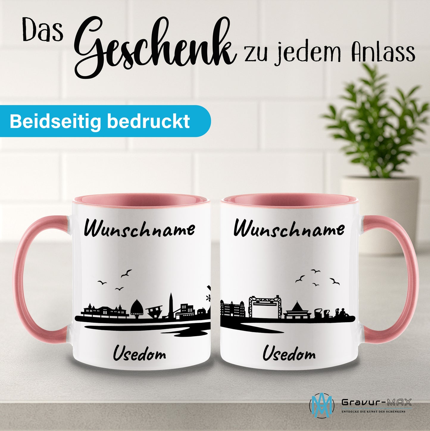 Tasse in Rosa 330ml bedruckt mit der Skyline von Usedom personalisierbar mit Wunschname