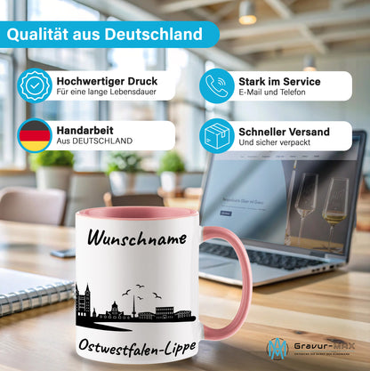 Tasse in Rosa 330ml bedruckt mit der Skyline von Ostwestfalen-Lippe personalisierbar mit Wunschname