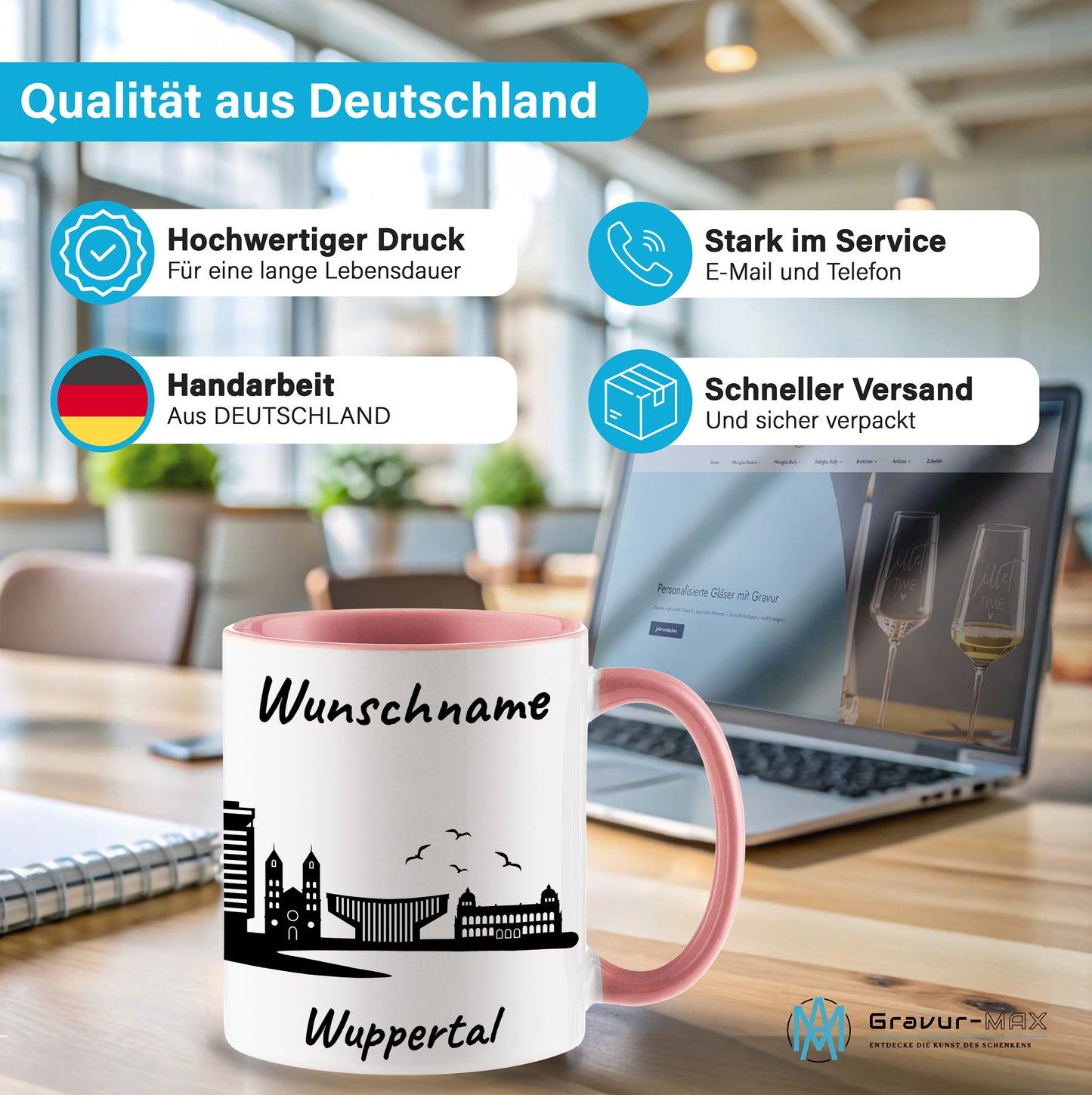Tasse in Rosa 330ml bedruckt mit der Skyline von Wuppertal personalisierbar mit Wunschname