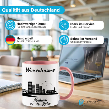 Tasse in Rosa 330ml bedruckt mit der Skyline von Mülheim an der Ruhr personalisierbar mit Wunschname