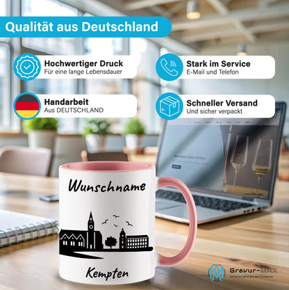 Tasse in Rosa 330ml bedruckt mit der Skyline von Kempten personalisierbar mit Wunschname