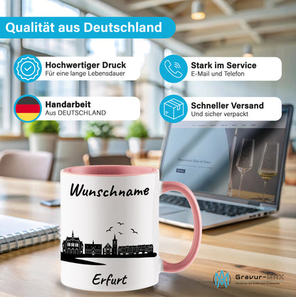 Tasse in Rosa 330ml bedruckt mit der Skyline von Erfurt personalisierbar mit Wunschname