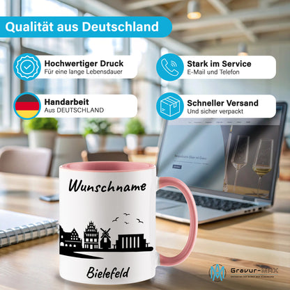 Tasse in Rosa 330ml bedruckt mit der Skyline von Bielefeld personalisierbar mit Wunschname