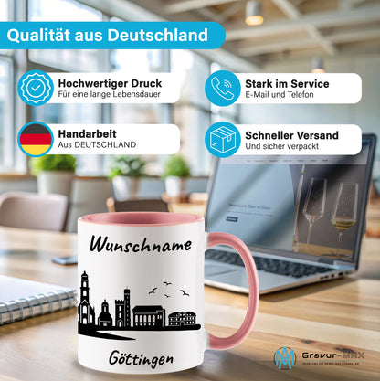 Tasse in Rosa 330ml bedruckt mit der Skyline von Göttingen personalisierbar mit Wunschname