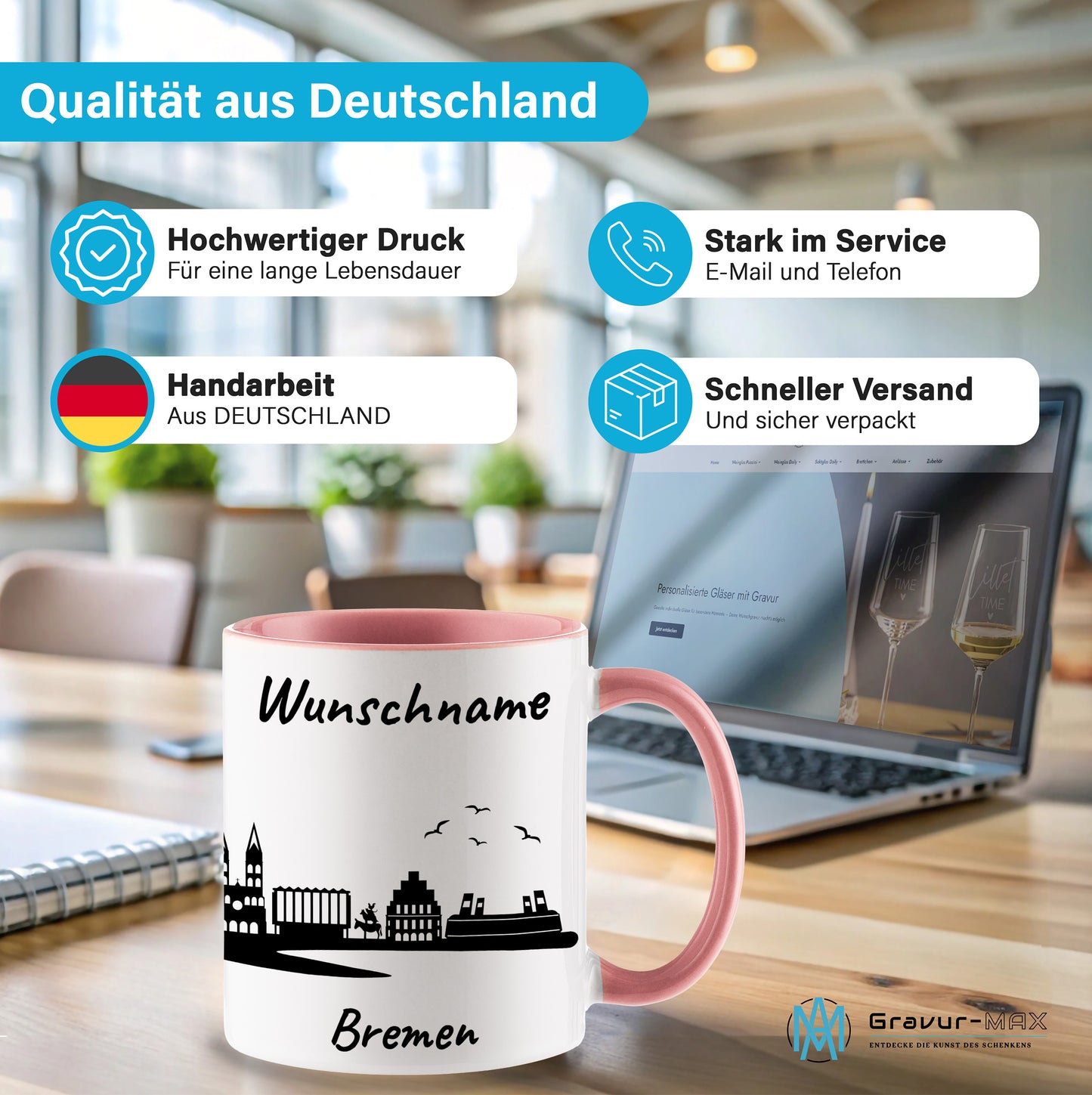 Tasse in Rosa 330ml bedruckt mit der Skyline von Bremen personalisierbar mit Wunschname