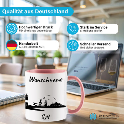 Tasse in Rosa 330ml bedruckt mit der Skyline von Sylt personalisierbar mit Wunschname
