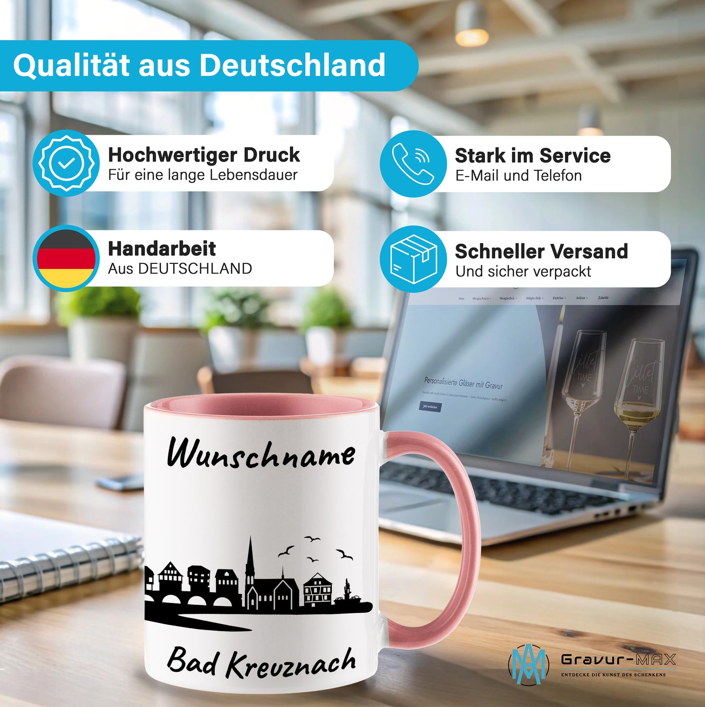 Tasse in Rosa 330ml bedruckt mit der Skyline von Bad Kreuznach personalisierbar mit Wunschname