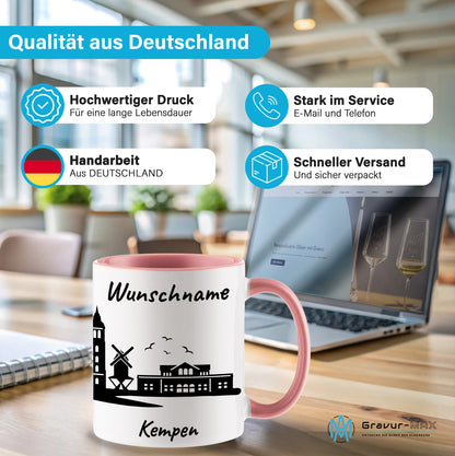 Tasse in Rosa 330ml bedruckt mit der Skyline von Kempen personalisierbar mit Wunschname
