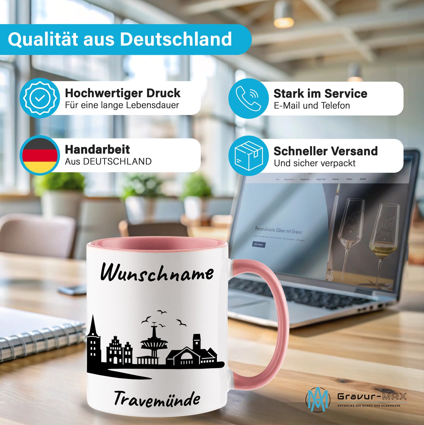 Tasse in Rosa 330ml bedruckt mit der Skyline von Travemünde personalisierbar mit Wunschname