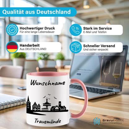 Tasse in Rosa 330ml bedruckt mit der Skyline von Travemünde personalisierbar mit Wunschname