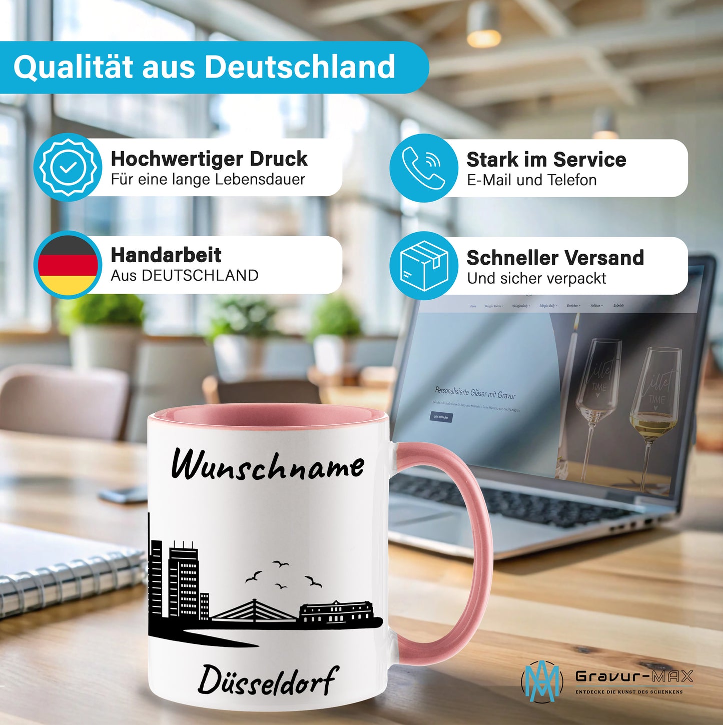 Tasse in Rosa 330ml bedruckt mit der Skyline von Düsseldorf personalisierbar mit Wunschname