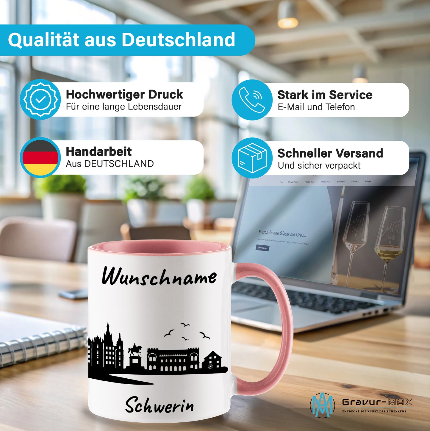 Tasse in Rosa 330ml bedruckt mit der Skyline von Schwerin personalisierbar mit Wunschname