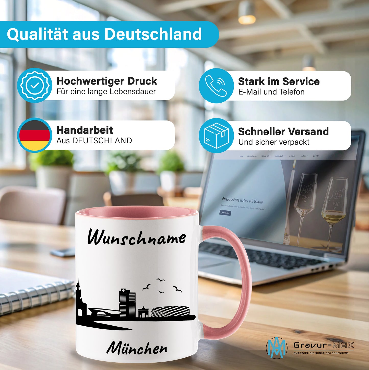 Tasse in Rosa 330ml bedruckt mit der Skyline von München personalisierbar mit Wunschname