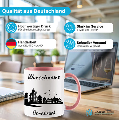 Tasse in Rosa 330ml bedruckt mit der Skyline von Osnabrück personalisierbar mit Wunschname