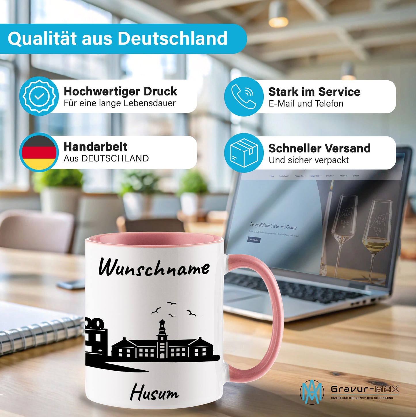 Tasse in Rosa 330ml bedruckt mit der Skyline von Husum personalisierbar mit Wunschname