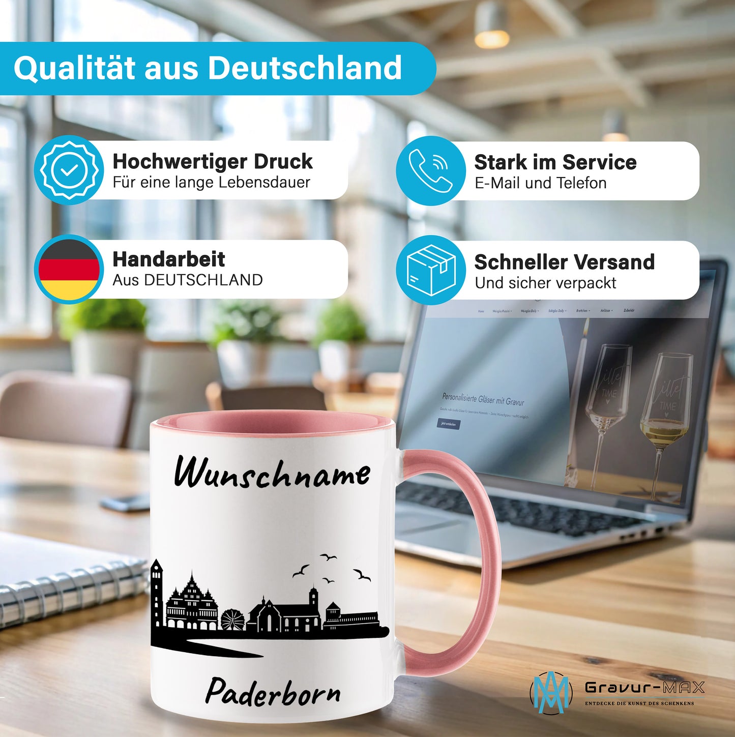 Tasse in Rosa 330ml bedruckt mit der Skyline von Paderborn personalisierbar mit Wunschname