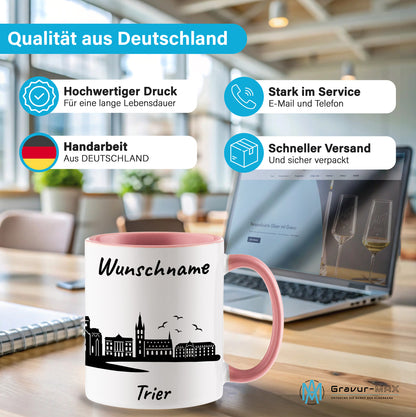 Tasse in Rosa 330ml bedruckt mit der Skyline von Trier personalisierbar mit Wunschname