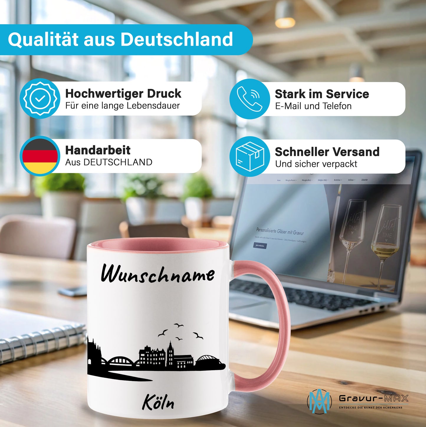 Tasse in Rosa 330ml bedruckt mit der Skyline von Köln personalisierbar mit Wunschname
