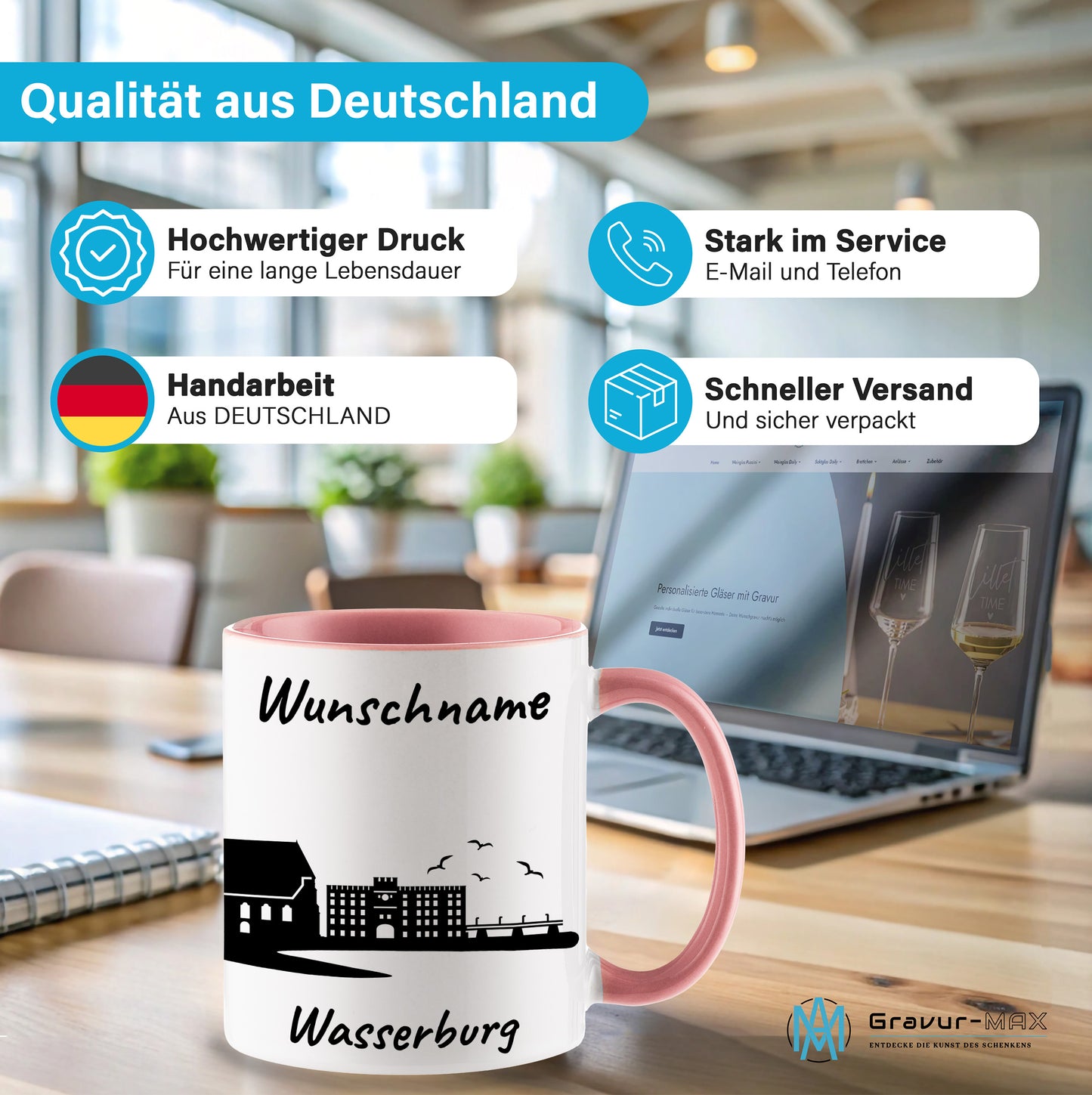 Tasse in Rosa 330ml bedruckt mit der Skyline von Wasserburg personalisierbar mit Wunschname