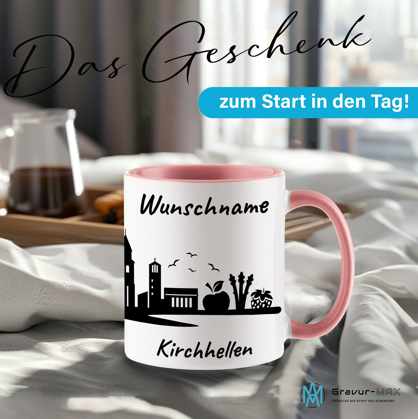 Tasse in Rosa 330ml bedruckt mit der Skyline von Kirchhellen personalisierbar mit Wunschname