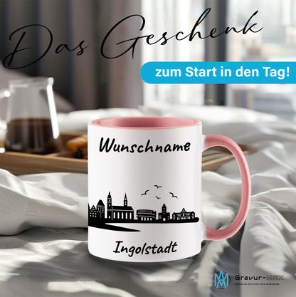 Tasse in Rosa 330ml bedruckt mit der Skyline von Ingolstadt personalisierbar mit Wunschname