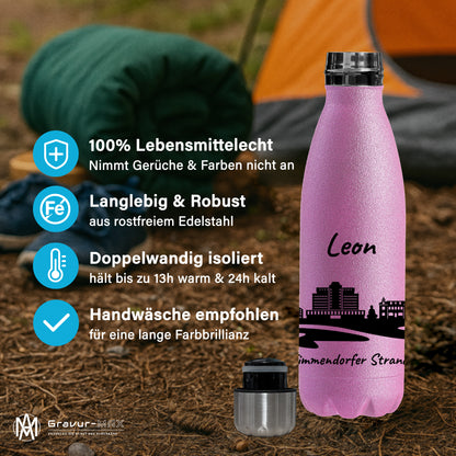 Glitzer Trinkflasche in Rosa 500ml aus Edelstahl bedruckt mit der Skyline von Timmendorfer Strand personalisierbar mit Wunschname