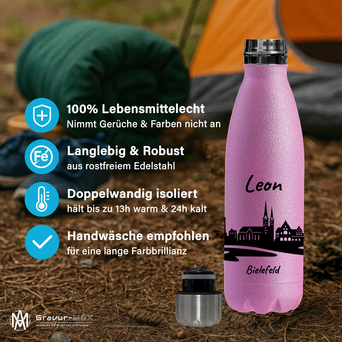 Glitzer Trinkflasche in Rosa 500ml aus Edelstahl bedruckt mit der Skyline von Bielefeld personalisierbar mit Wunschname