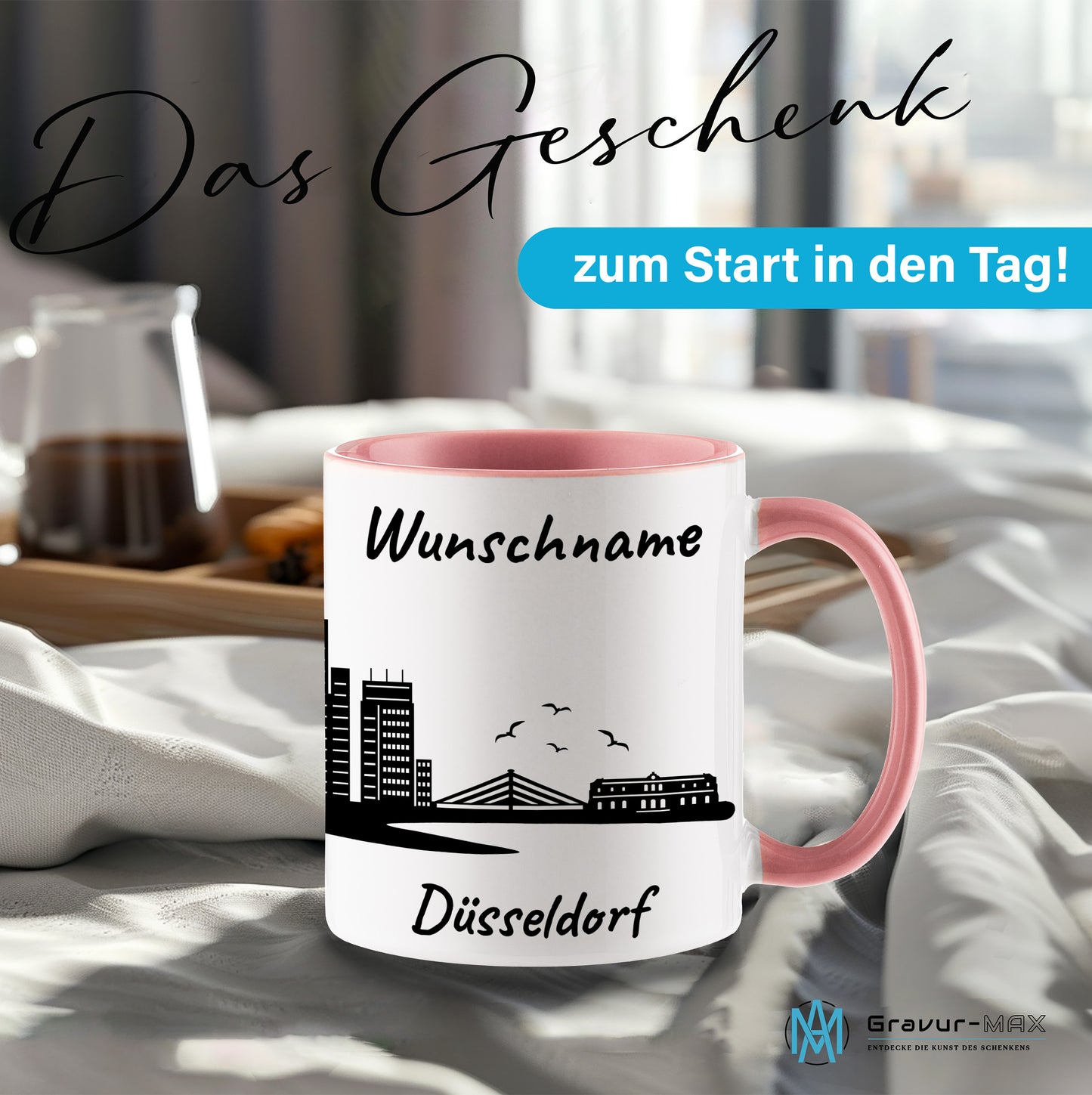 Tasse in Rosa 330ml bedruckt mit der Skyline von Düsseldorf personalisierbar mit Wunschname