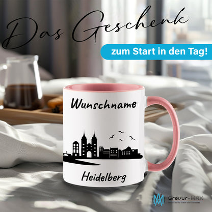 Tasse in Rosa 330ml bedruckt mit der Skyline von Heidelberg personalisierbar mit Wunschname