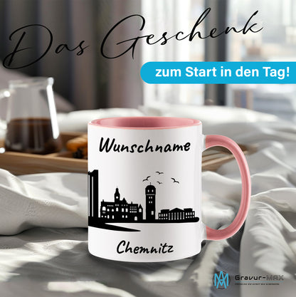 Tasse in Rosa 330ml bedruckt mit der Skyline von Chemnitz personalisierbar mit Wunschname