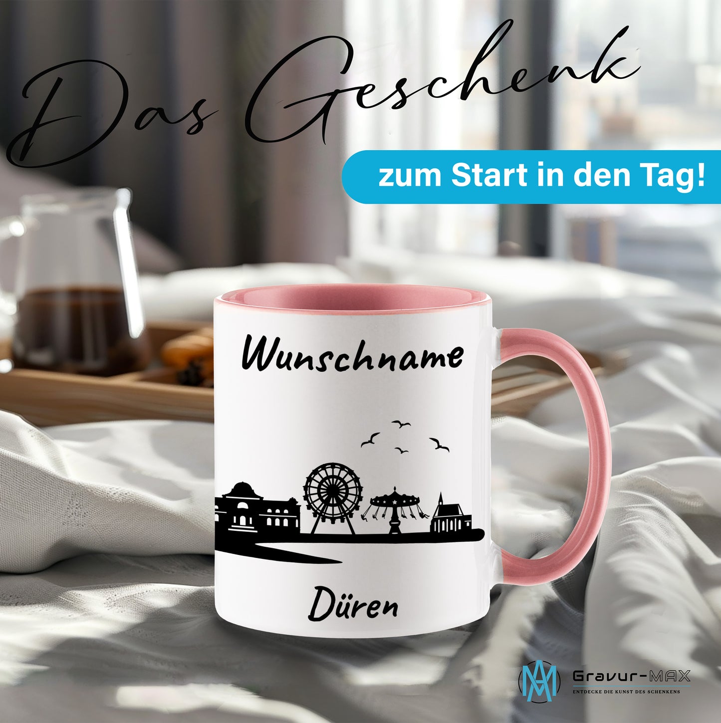Tasse in Rosa 330ml bedruckt mit der Skyline von Düren personalisierbar mit Wunschname