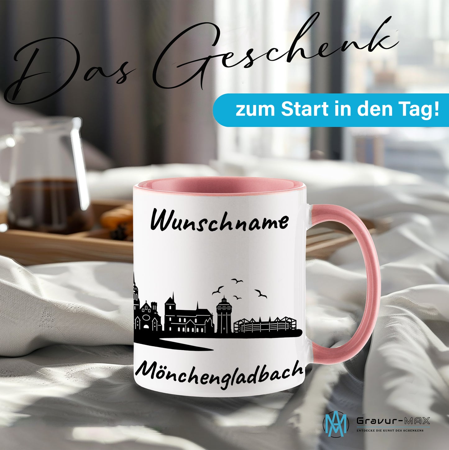 Tasse in Rosa 330ml bedruckt mit der Skyline von Mönchengladbach personalisierbar mit Wunschname